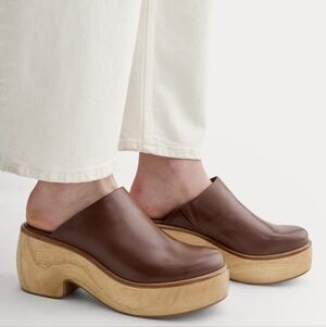 Everlane Brown Leather Clog Mules with Wood Platform